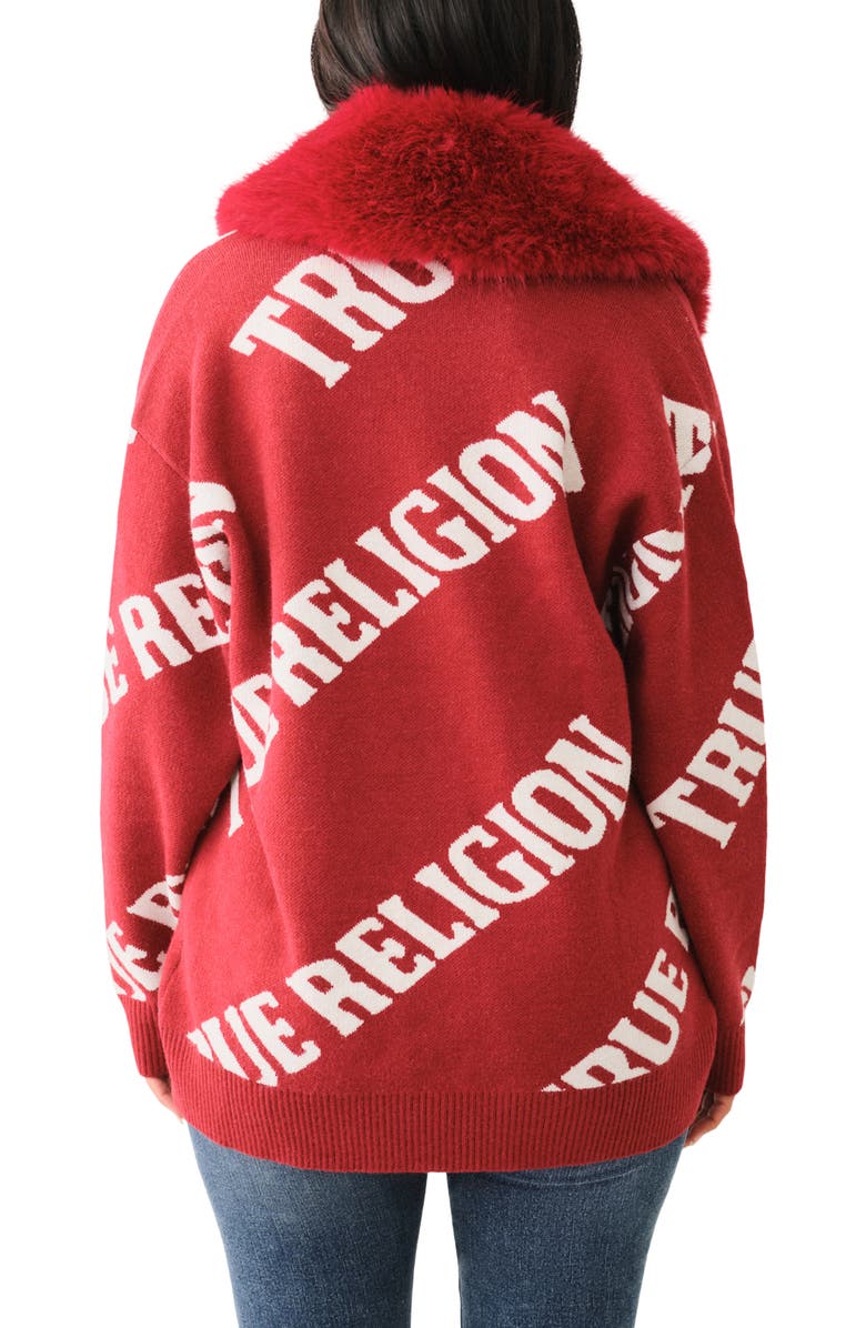 True Religion Faux Fur Collar Graphic Cardigan, Alternate, color, 