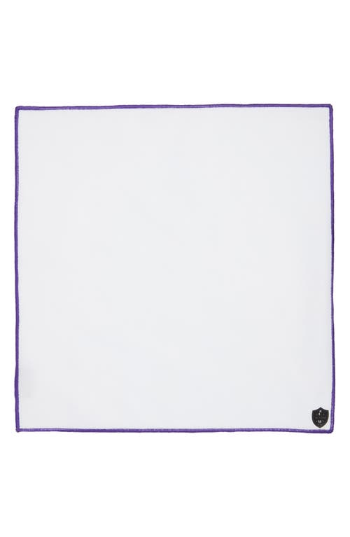 Clifton Wilson White Cotton Herringbone Pocket Square With Purple Trim