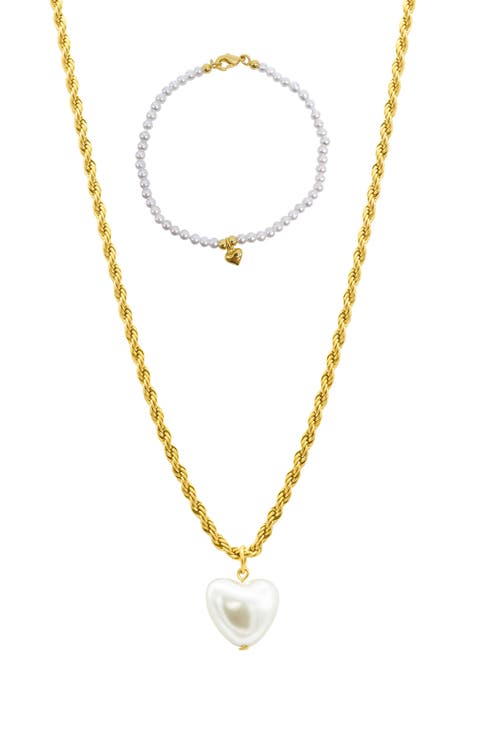 Faux Pearl Pendant Necklace & Bracelet Set