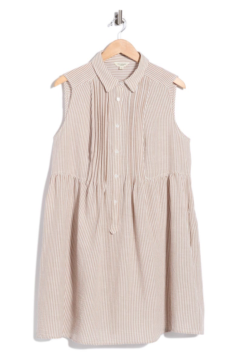 Pleated Button Front Dress, Alternate, color, TRUFFLE/ WHITE