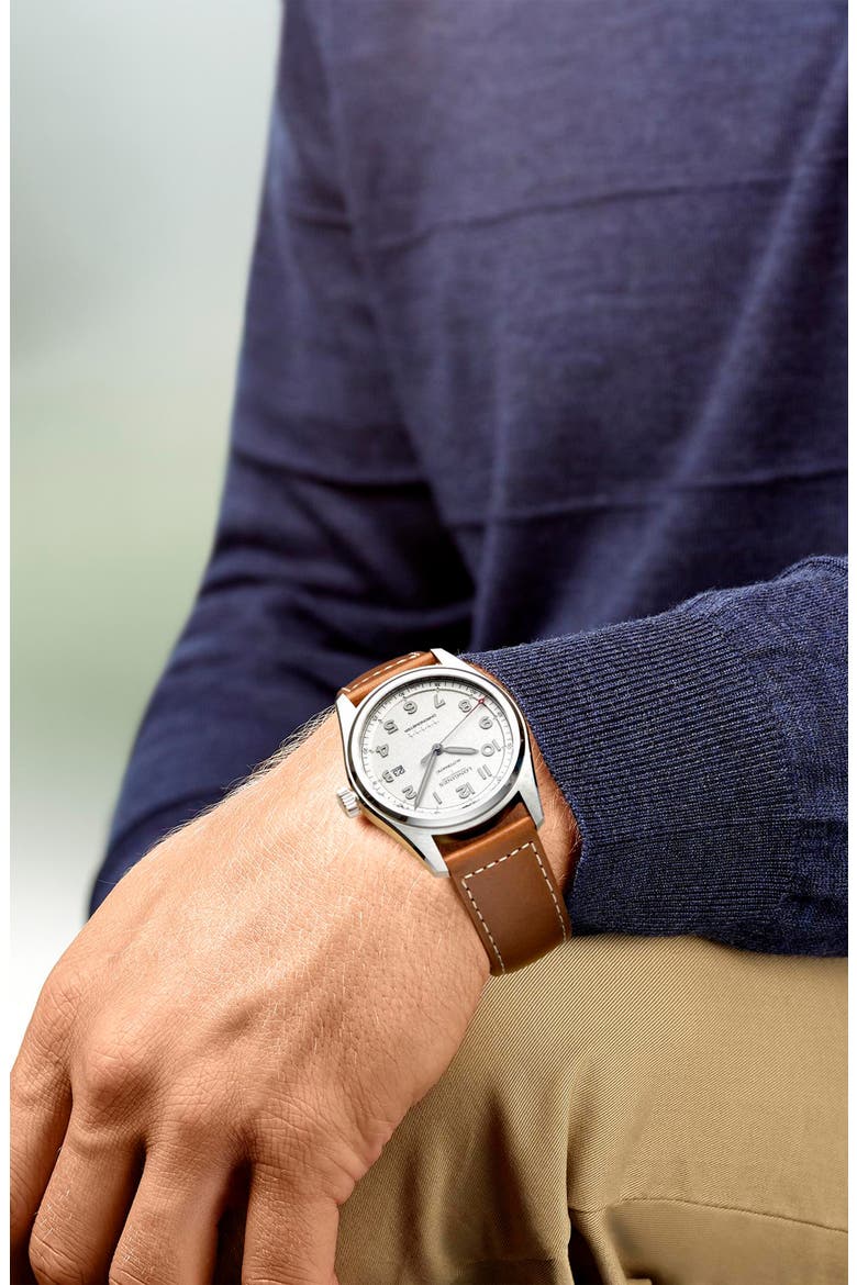 Spirit Automatic Leather Strap Watch, 42mm, Alternate, color, TAN/ SILVER