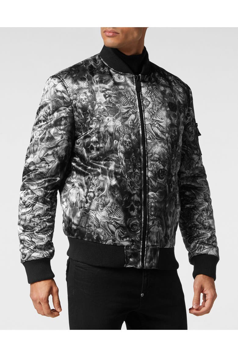Nylon Bomber Tattoo Men, Main, color, black