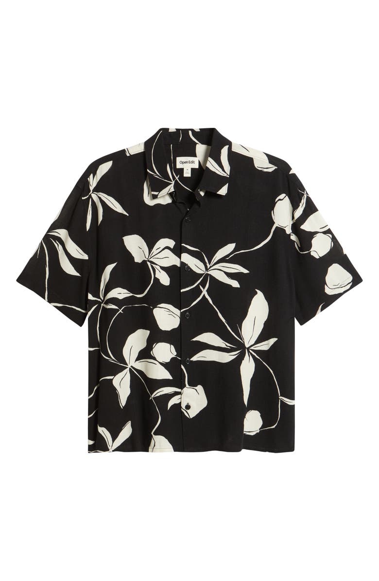 Open Edit Slub Rayon Short Sleeve Button-Up Resort Shirt, Alternate, color, Black- Ivory Leafy Modern