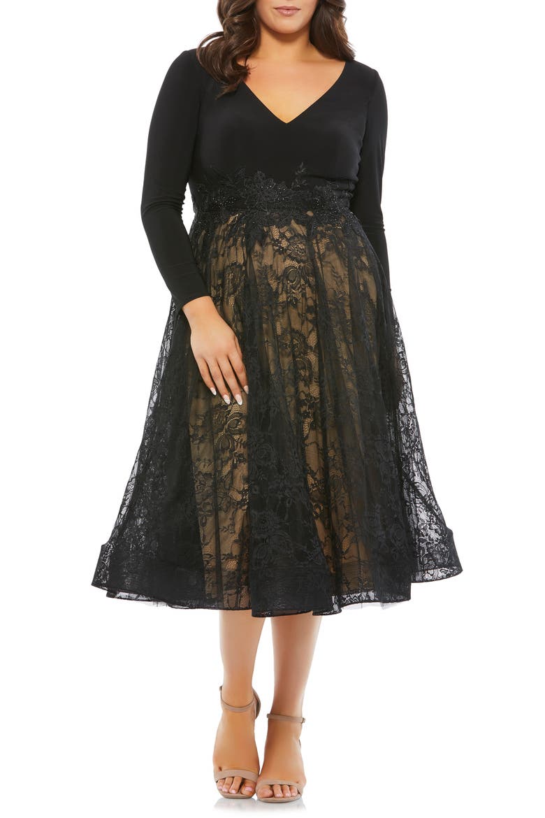 Long Sleeve Lace Fit & Flare Dress, Main, color, BLACK NUDE