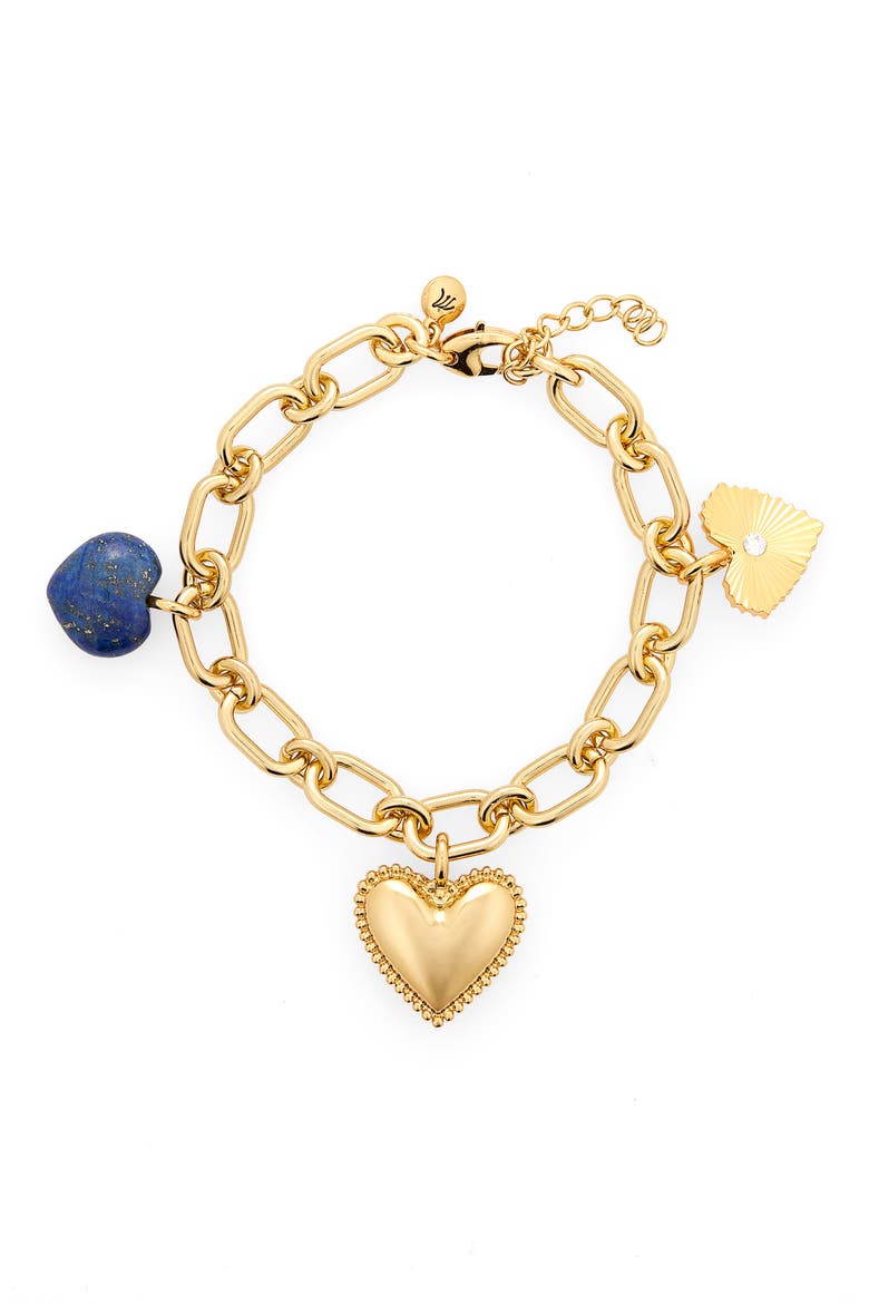 Engine Turned Lapis Heart Charm Bracelet, Main, color, ANTIQUE GOLD