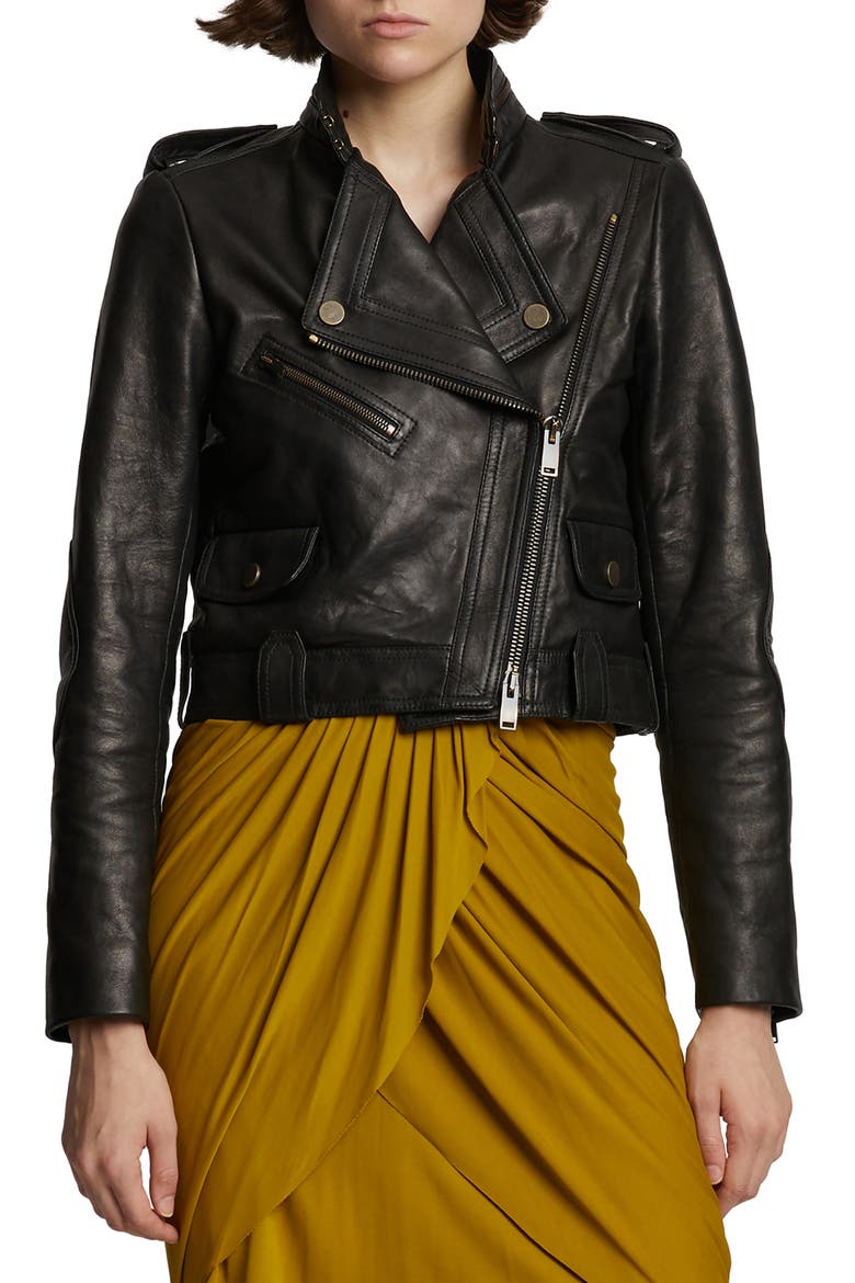 Leather Crop Moto Jacket, Main, color, BLACK