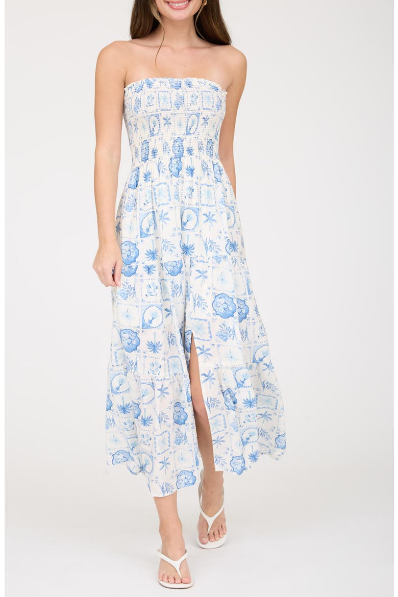 Tropical Print Strapless Midi Sundress, Main, color, LIGHT BLUE