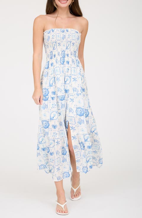 Tropical Print Strapless Midi Sundress
