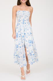 Blu Pepper Tropical Print Strapless Midi Sundress