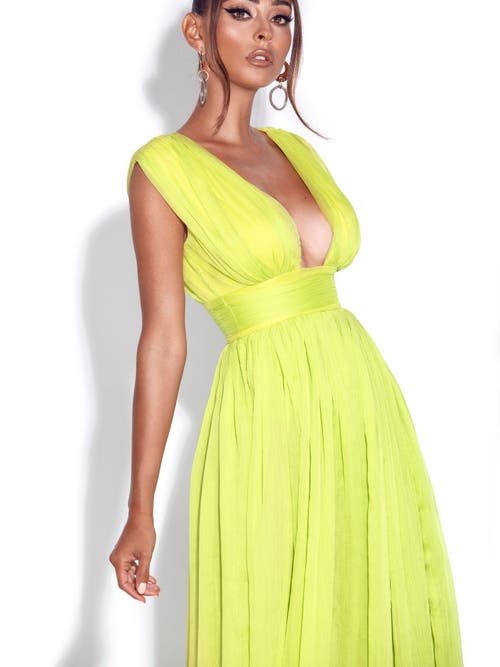 Miss Circle Valley Of Angels Chiffon Pleated High Slit Maxi Dress In Green