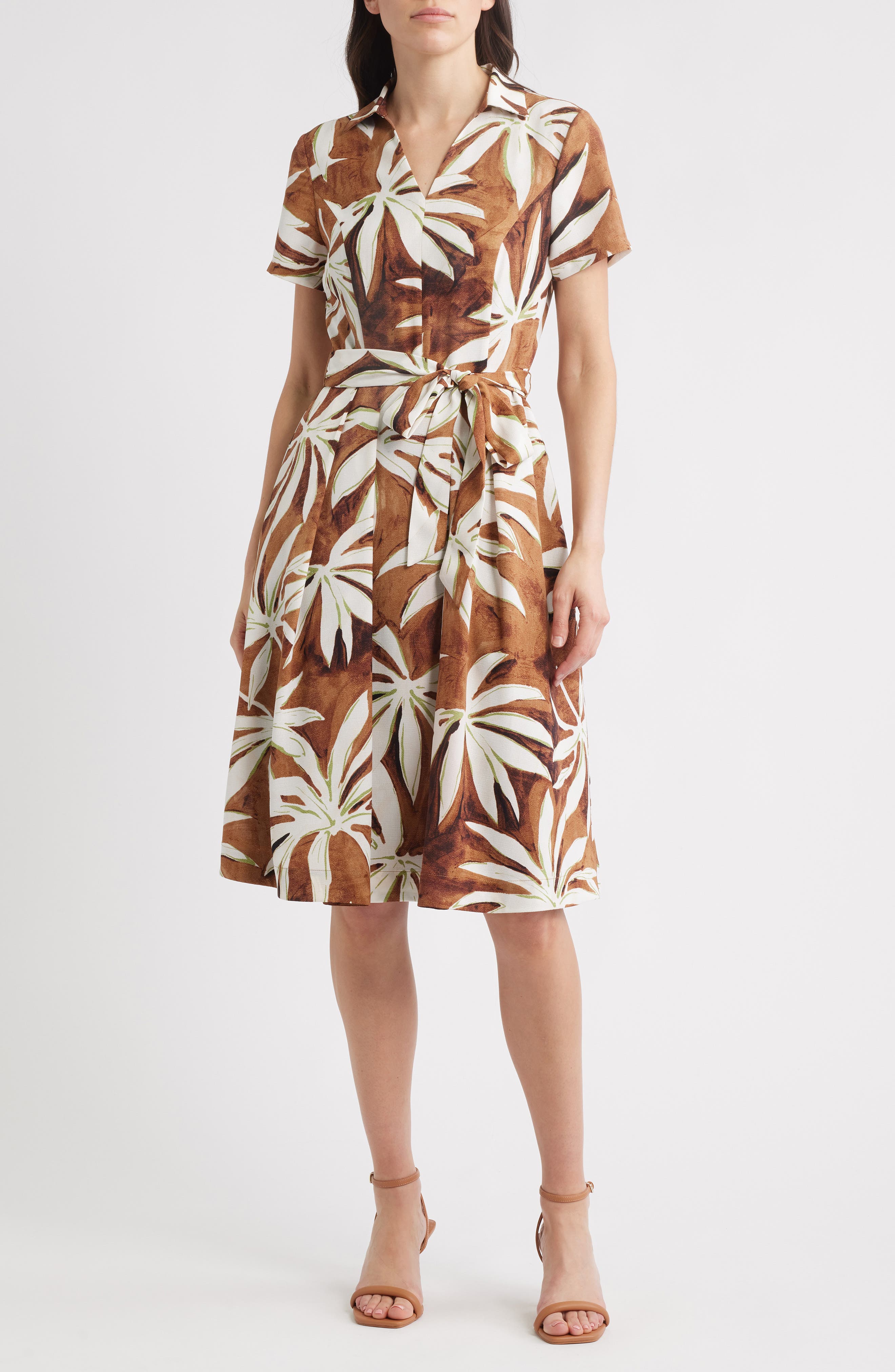 Tahari ASL Palm Print Short Sleeve Shirtdress