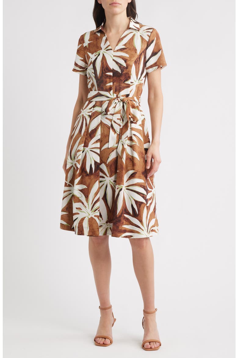 Palm Print Short Sleeve Shirtdress, Main, color, BARK PALM