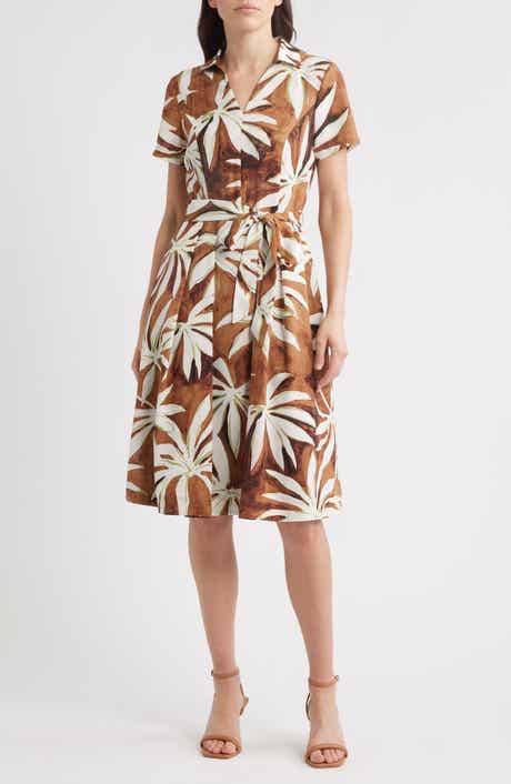 Tahari ASL Palm Print Short Sleeve Shirtdress