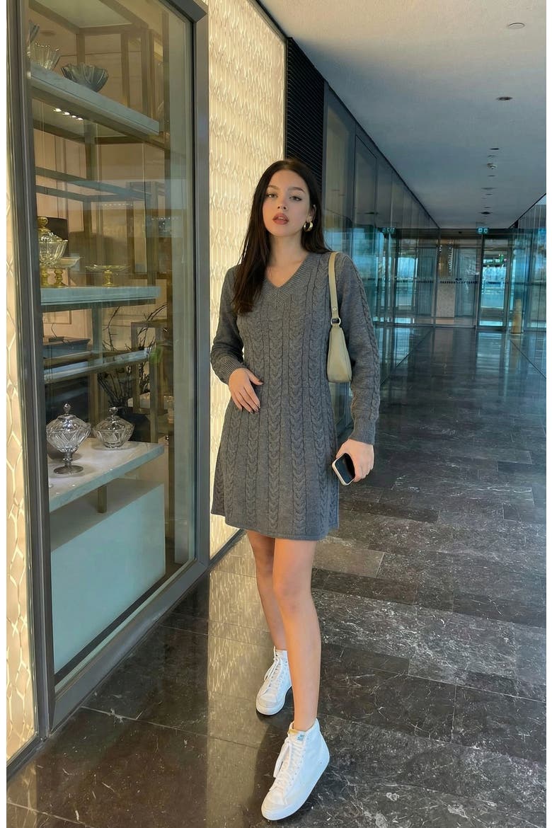 Cable Knit V-Neck Sweater Dress, Alternate, color, Heather Grey