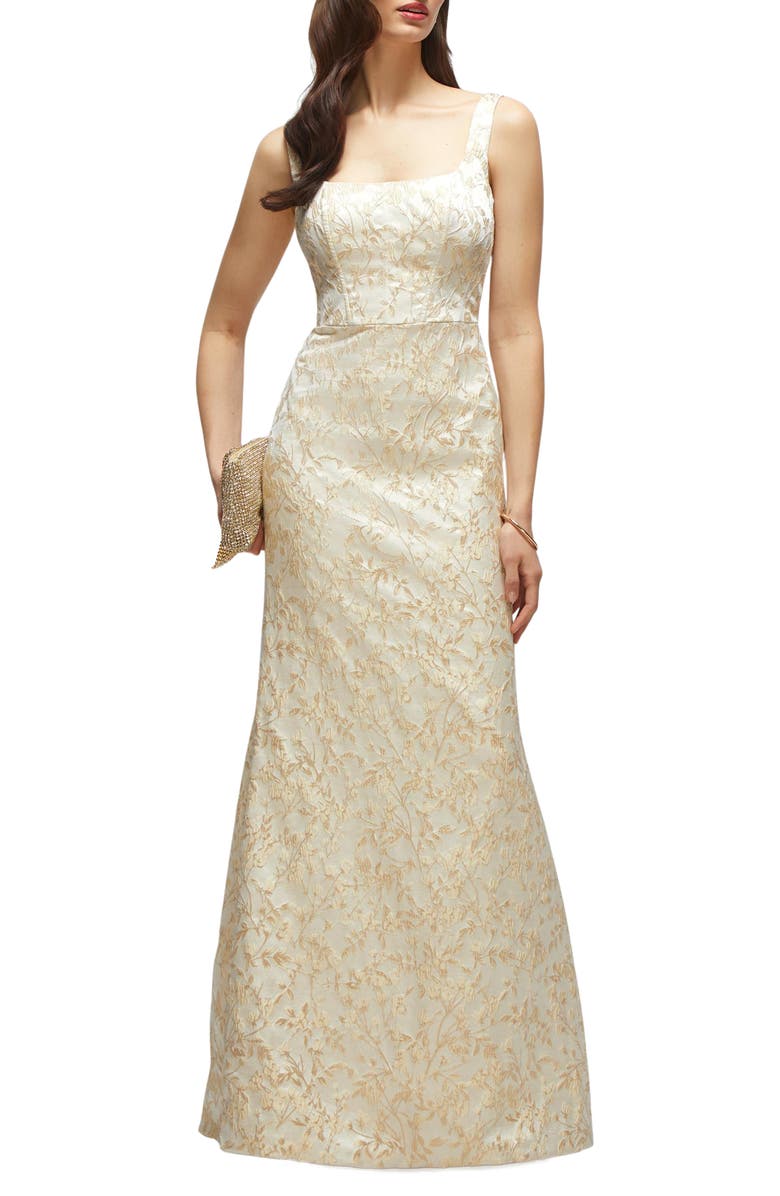 Dessy Collection Bettina Metallic Brocade Trumpet Gown, Main, color, Champagne Filigree