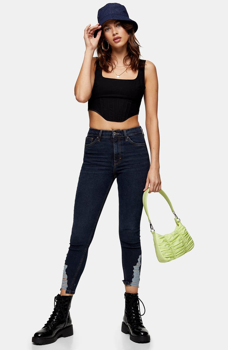 Topshop Jamie High Waist Ripped Hem Skinny Jeans, Alternate, color, 