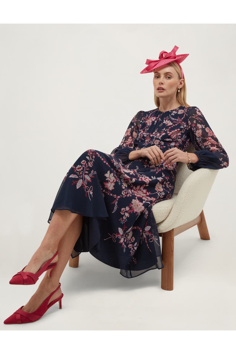 Demi Floral Print Silk Midi Dress, Alternate, color, Midnightmulti