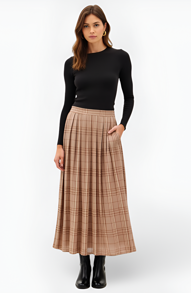 Modenaire Plaid Pleated Maxi Skirt with Elastic Waistband, Alternate, color, Plaid Beige/Brown