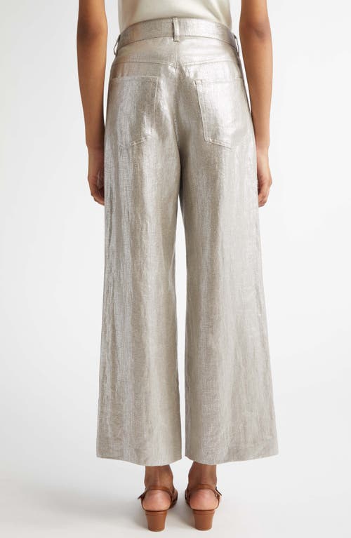 Max Mara Malika Metallic Coated Linen Wide Leg Pants In Silver