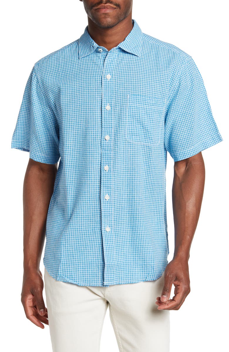 Tommy Bahama Gingham Grove Short Sleeve Linen & Cotton Shirt, Main, color, Picasso Blue
