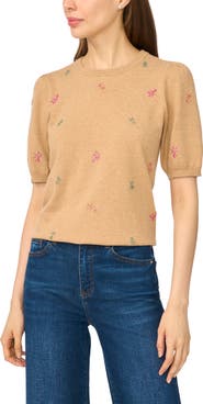 CeCe Beaded Short Sleeve Crewneck Sweater