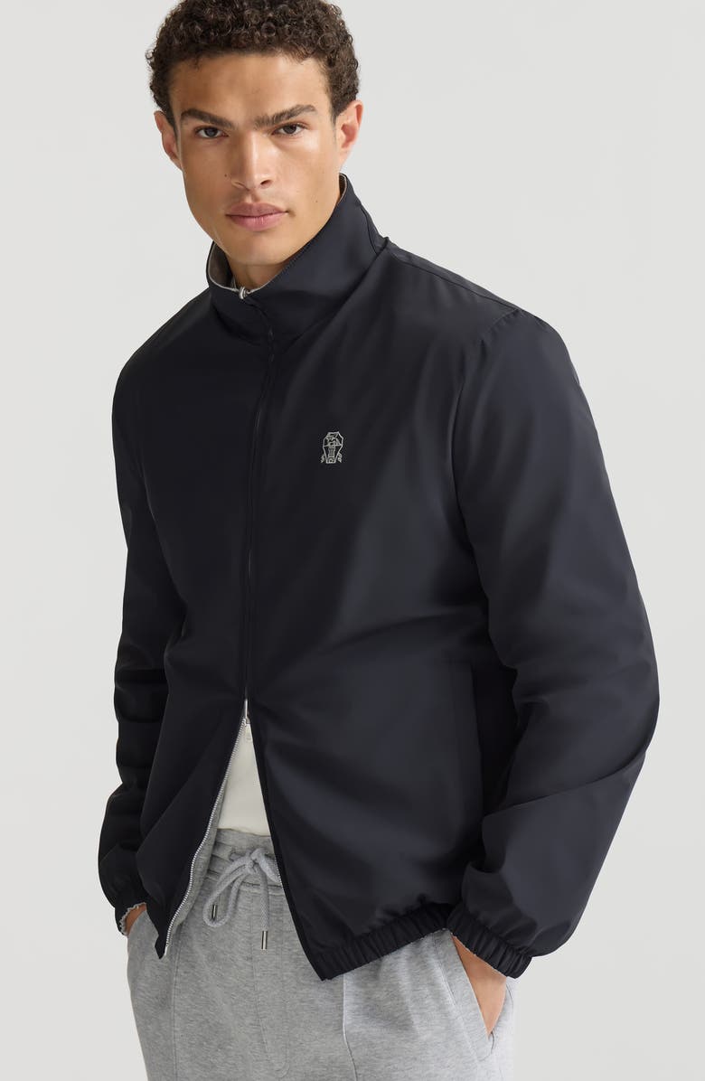 Brunello Cucinelli Bonded nylon reversible outerwear jacket with logo, Alternate, color, Navy Blue