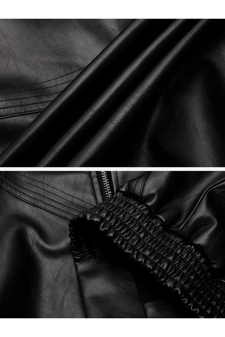 Zip Up Ruched Leather Jacket, Alternate, color, Black