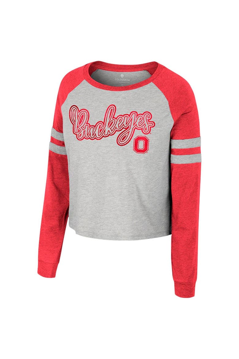 Women's Colosseum Heather Gray Ohio State Buckeyes I'm Gliding Here Raglan Long Sleeve Cropped T-Shirt, Alternate, color, Heather Gray