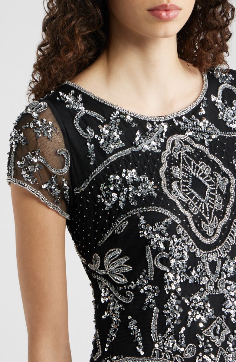 Pisarro Nights Beaded Mesh Midi Cocktail Dress, Alternate, color, Black/ Silver