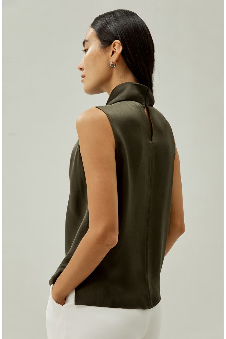 Women's Asymmetrical Sleeveless Cowl Neck Silk Top, Alternate, color, Dark Olive