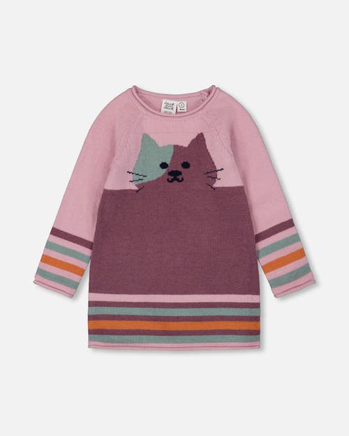 Deux Par Deux Knitted Dress With Cat In Pink