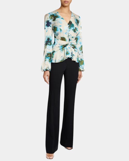 Shop Santorelli Ruby Long Sleeve Blouse With Cinched Waist In Aquamarine Multi