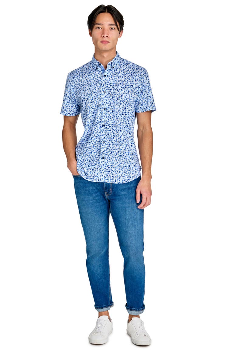 Slim Fit Blueberry Floral Recycled 4-Way Stretch Performance Short Sleeve Shirt, Alternate, color, WHITE/NAVY