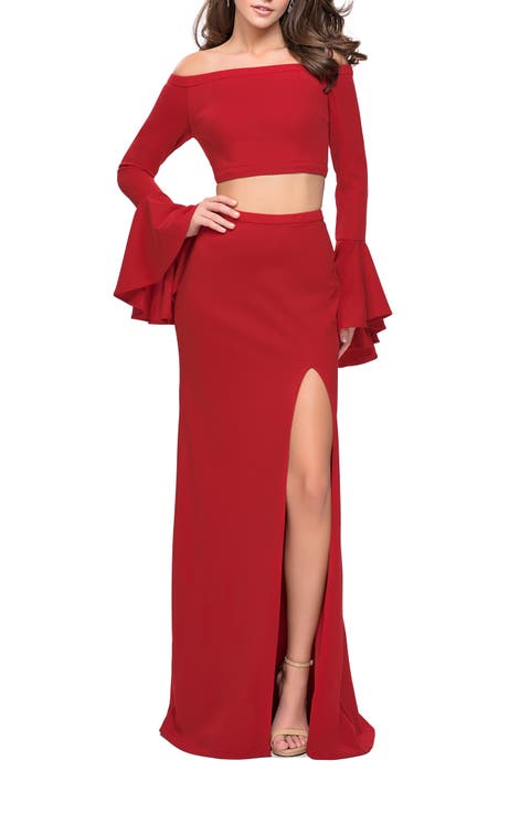 Off the Shoulder Two Piece Dress with Flared Sleeves