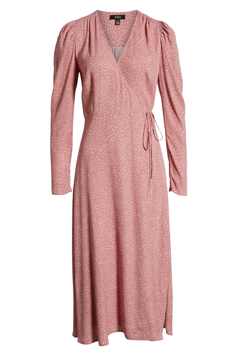Caley Wrap Midi Dress, Alternate, color, PINK LEOPARD