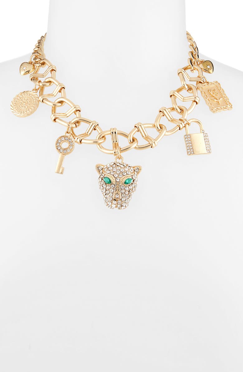 Tasha Crystal Charm Chain Choker Necklace, Alternate, color, Gold