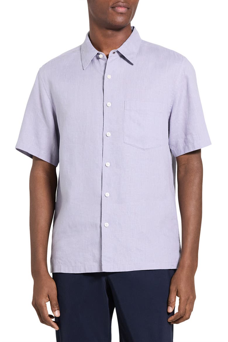 Irving Solid Short Sleeve Linen Button-Up Shirt, Main, color, GRAY LILAC