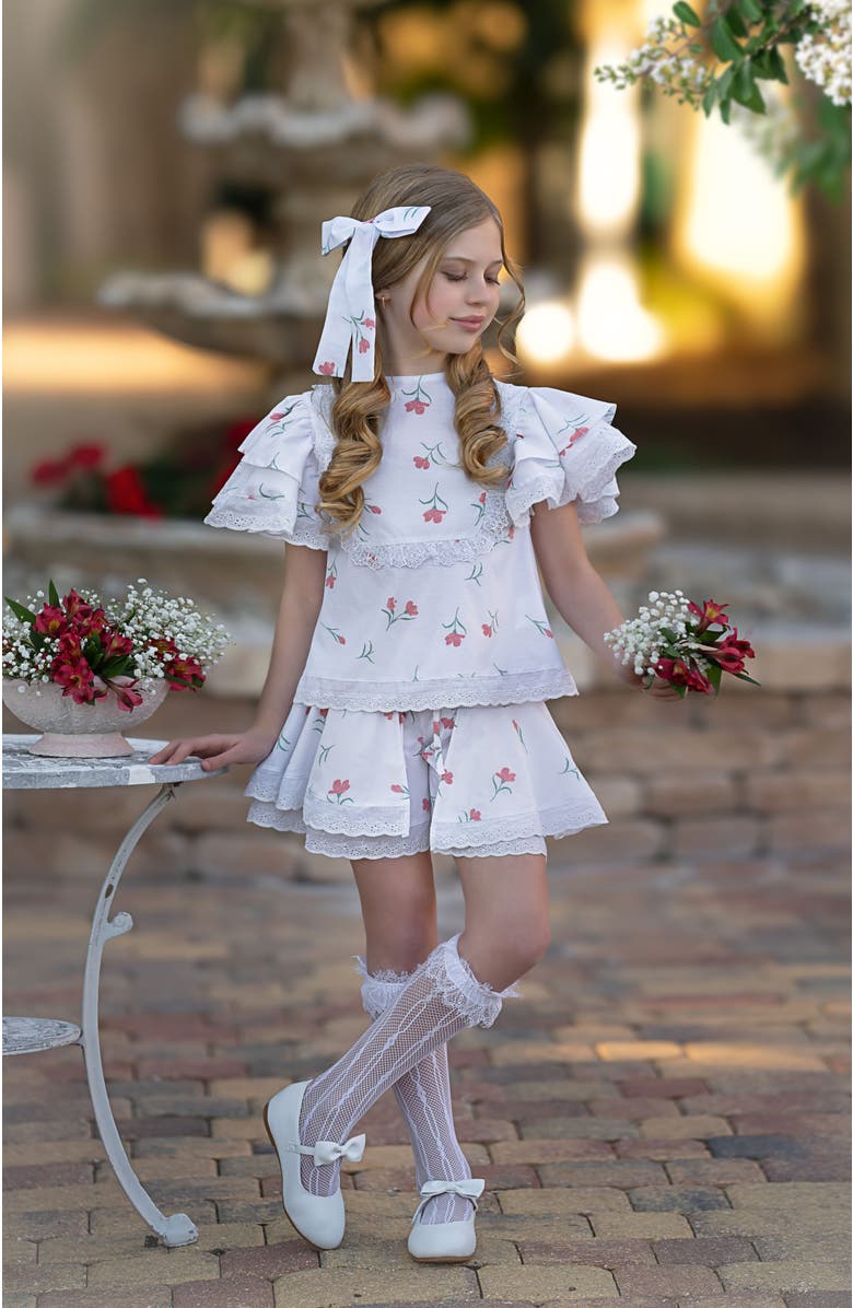 Petite Maison Kids Tulip Cotton Blouse and Shorts Set, Alternate, color, White Tulip Print