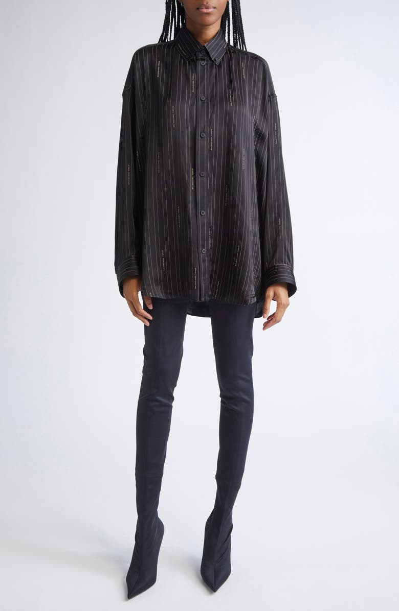 Balenciaga Logo Stripe Cocoon Button-Down Shirt, Alternate, color, 1264 Black/ Camel