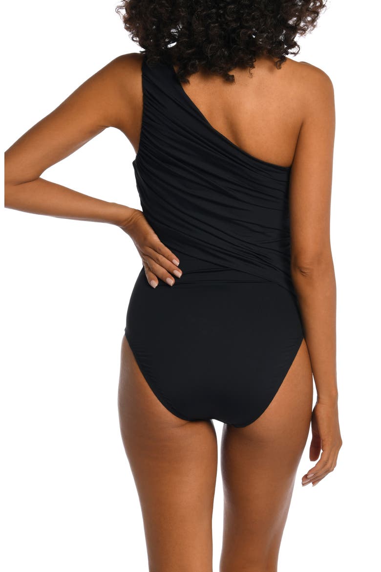 Island Goddess Ruched One-Shoulder One-Piece Swimsuit, Alternate, color, BLACK