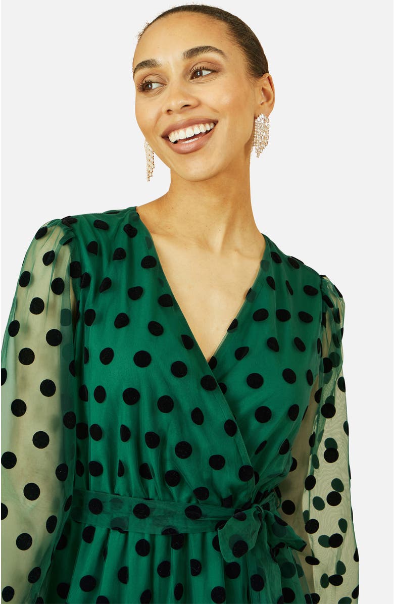 Yumi Spot Mesh Wrap Midi Skater Dress, Alternate, color, Green