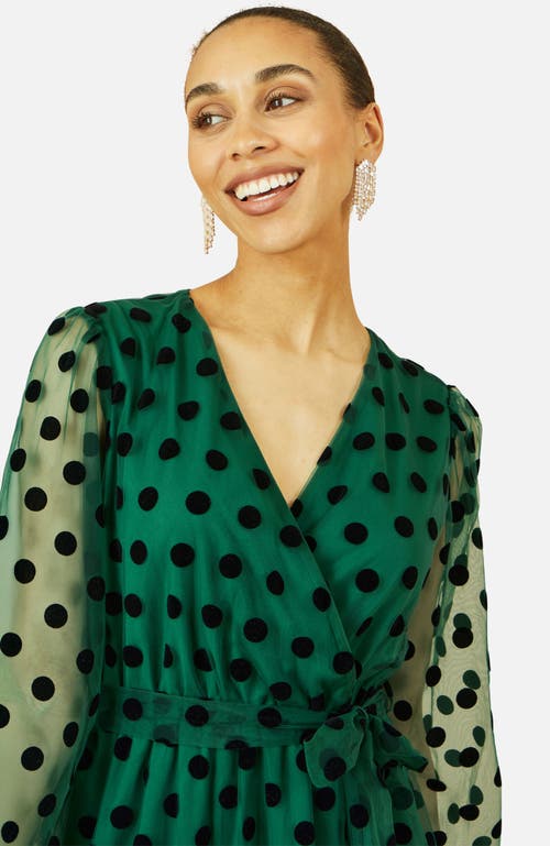 Yumi Spot Mesh Wrap Midi Skater Dress In Green