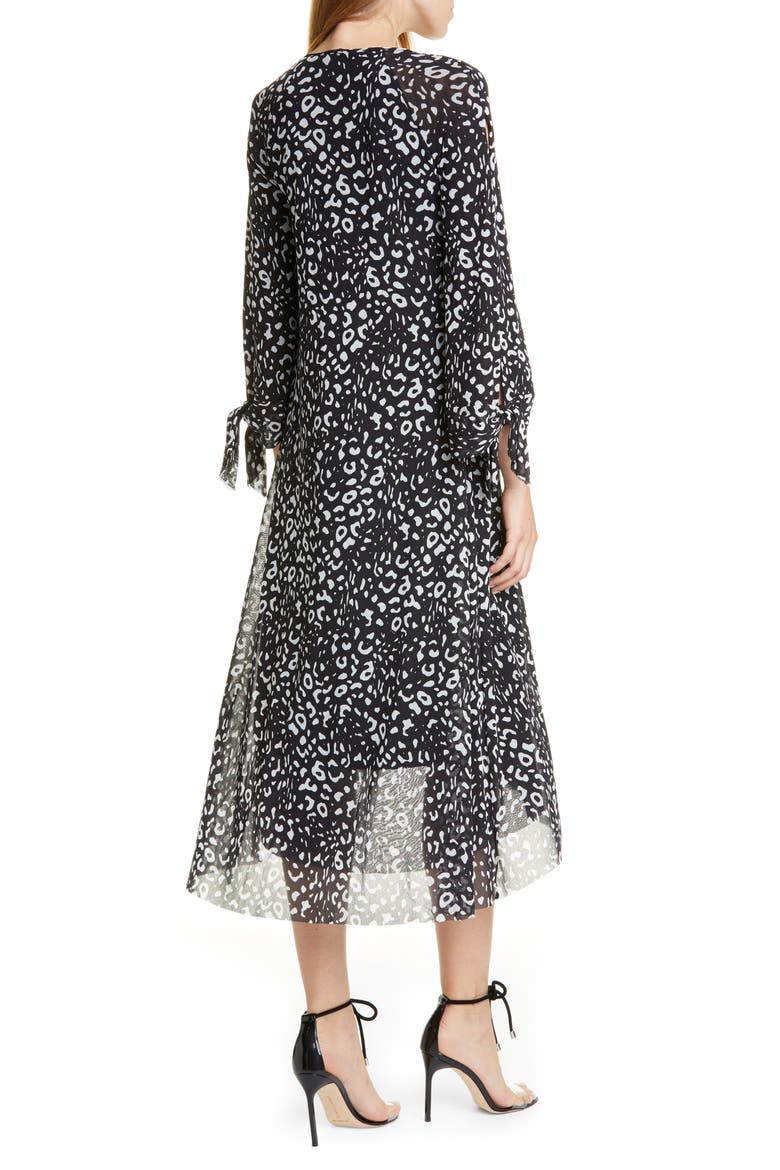 Leopard Print Tie Long Sleeve Midi Dress, Alternate, color, NERO