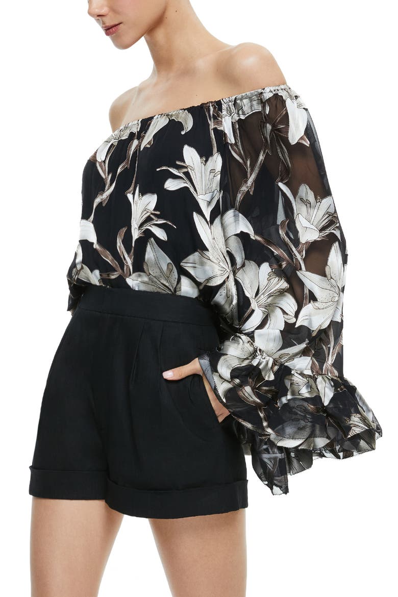 Ardelia Floral Burnout Chiffon Off the Shoulder Top, Alternate, color, STARGAZER BLACK LG