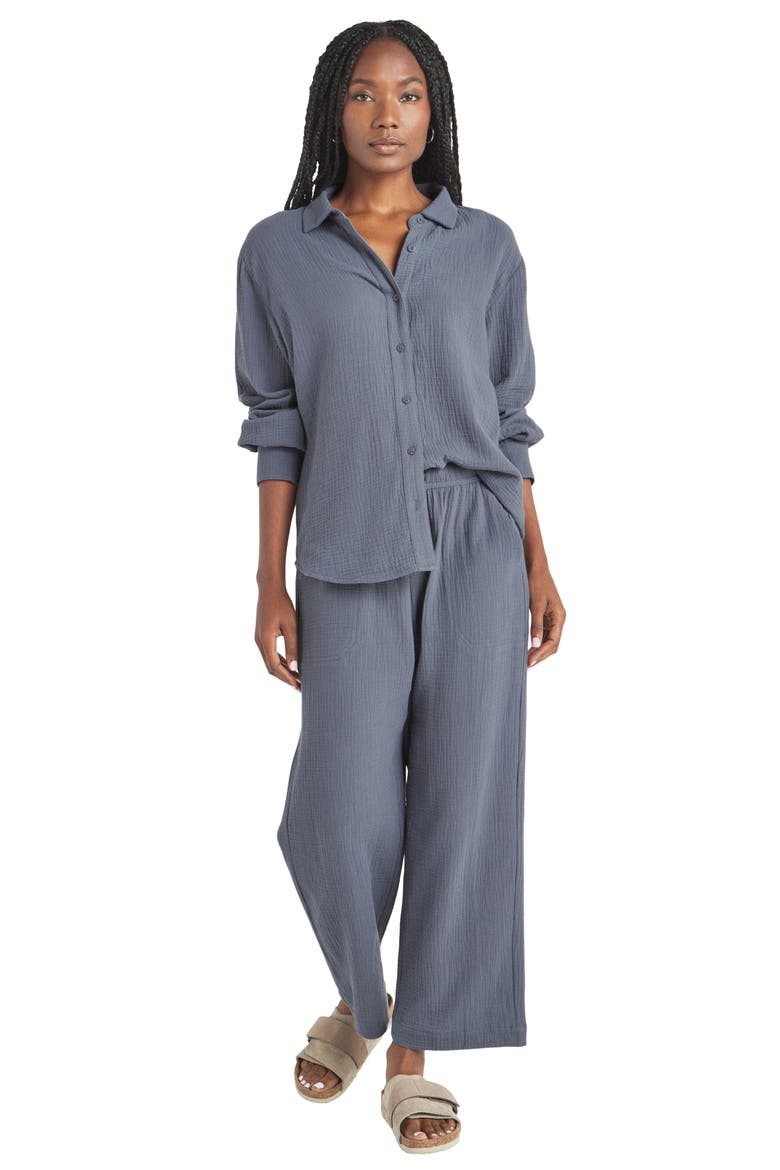 Adele Oversize Cotton Gauze Button-Up Shirt, Alternate, color, WASHED ASH NAVY