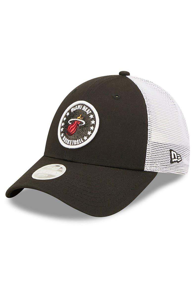 New Era Women's New Era Black/White Miami Heat Glitter Patch 9FORTY Snapback Hat, Main, color, 