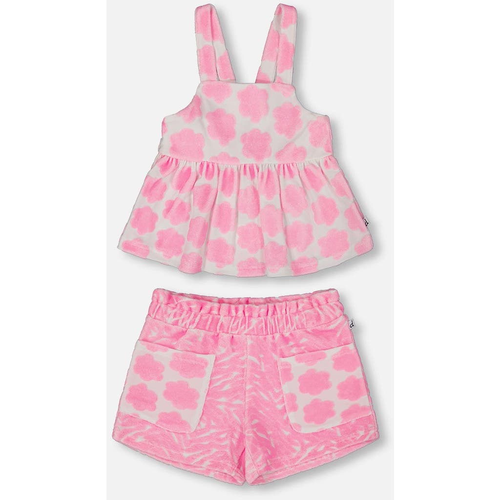 Deux Par Deux Little Girl's Printed Terry Tank Top And Shorts Set Vibrant Pink And White In Vibrant Pink And White