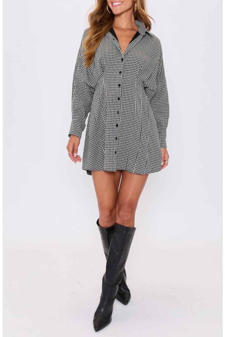 Lara Check Long Sleeve Mini Shirtdress, Main, color, BLACK CHECK
