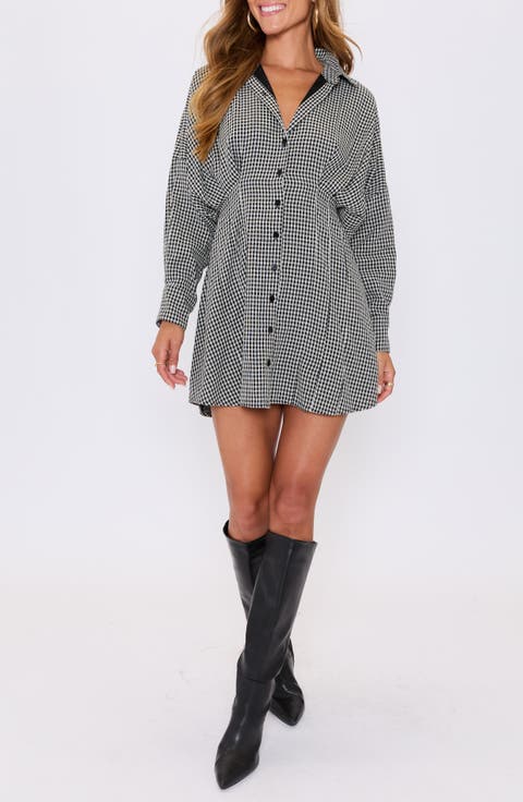 Lara Check Long Sleeve Mini Shirtdress