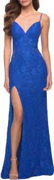 La Femme Sleek Lace Long Dress with Sheer Sides and Open Back